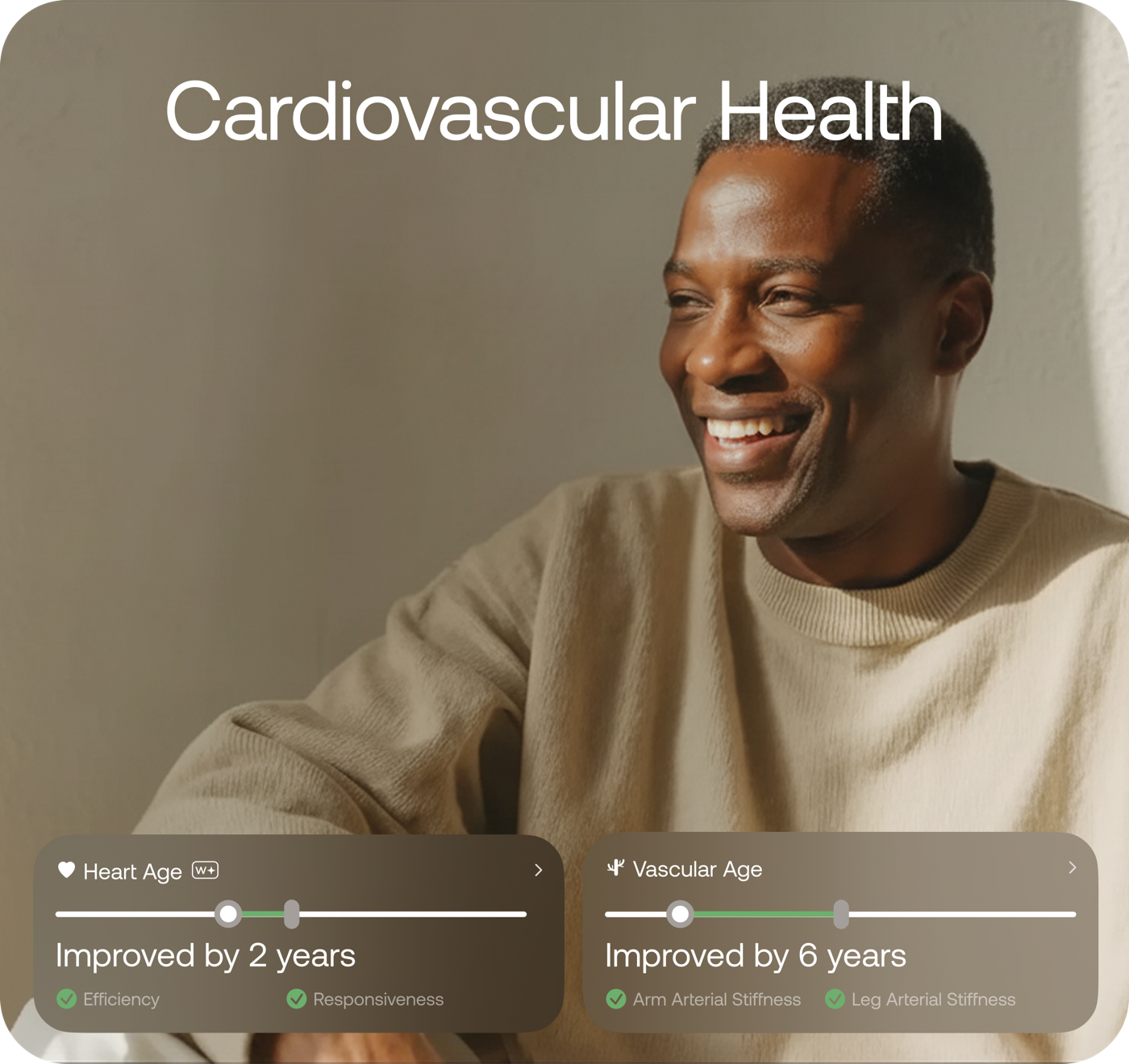 Cardiovascular Health score card showing Heart Age and Vascular Age improvements