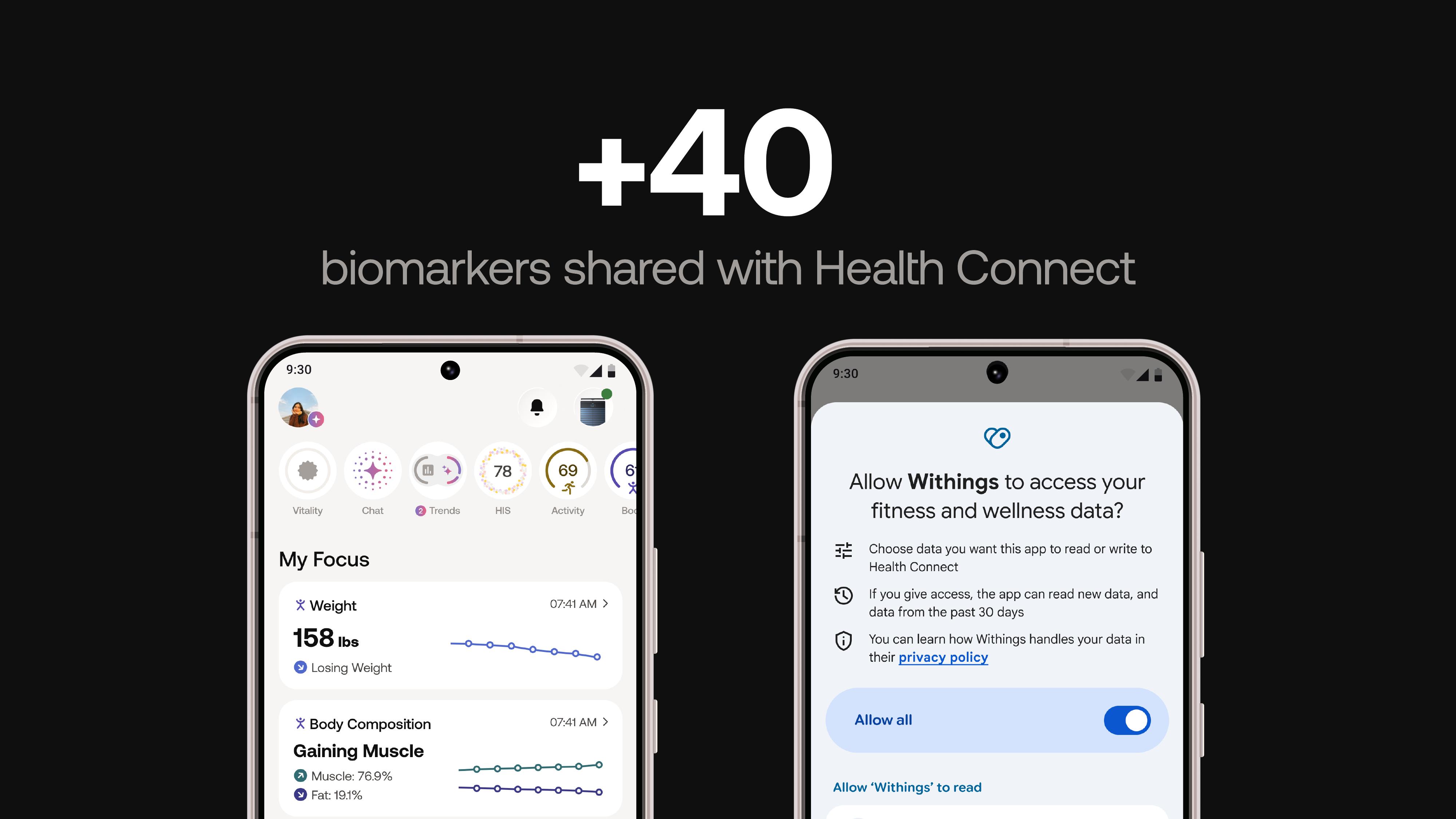 Withings app home screen next to the Health Connect permissions screen