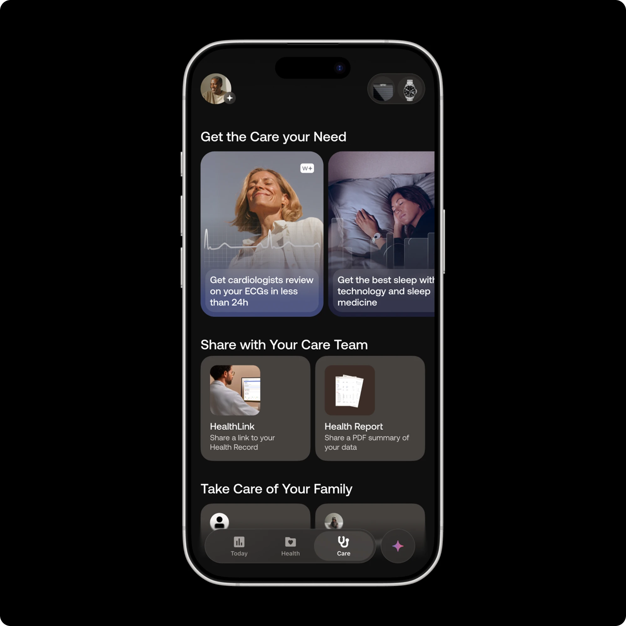 Care tab featuring Cardio Check-Up and sleep coaching, care team sharing, and family health management