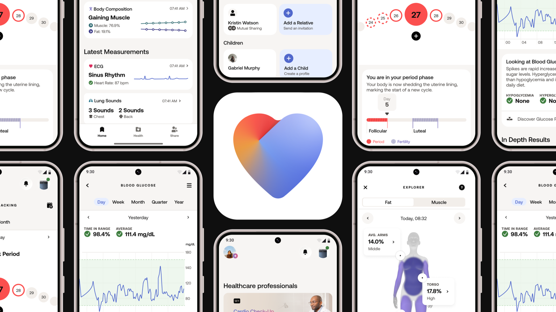Grid of Withings app screens showing body composition, ECG, lung sounds, cycle tracking, and glucose data